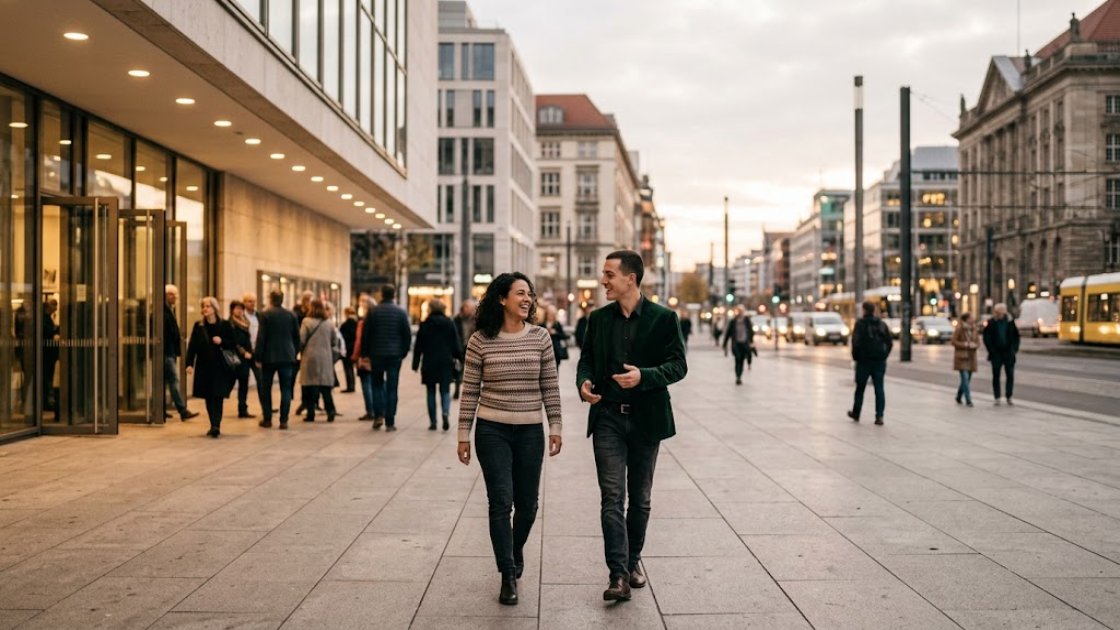 Two people walking out of a large theatre building onto a city plaza at dusk