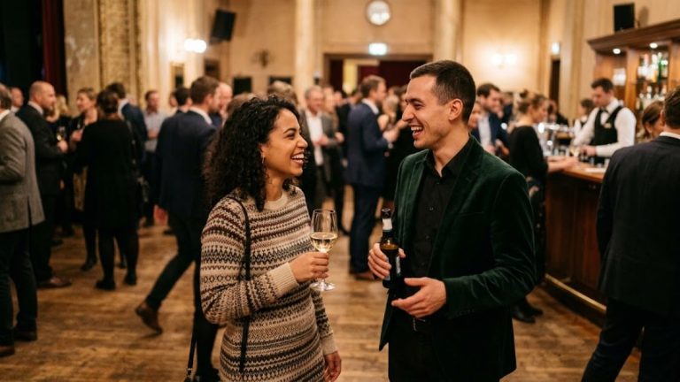 Cirque du Soleil Berlin: two people talking over drinks in a theatre foyer during the interval