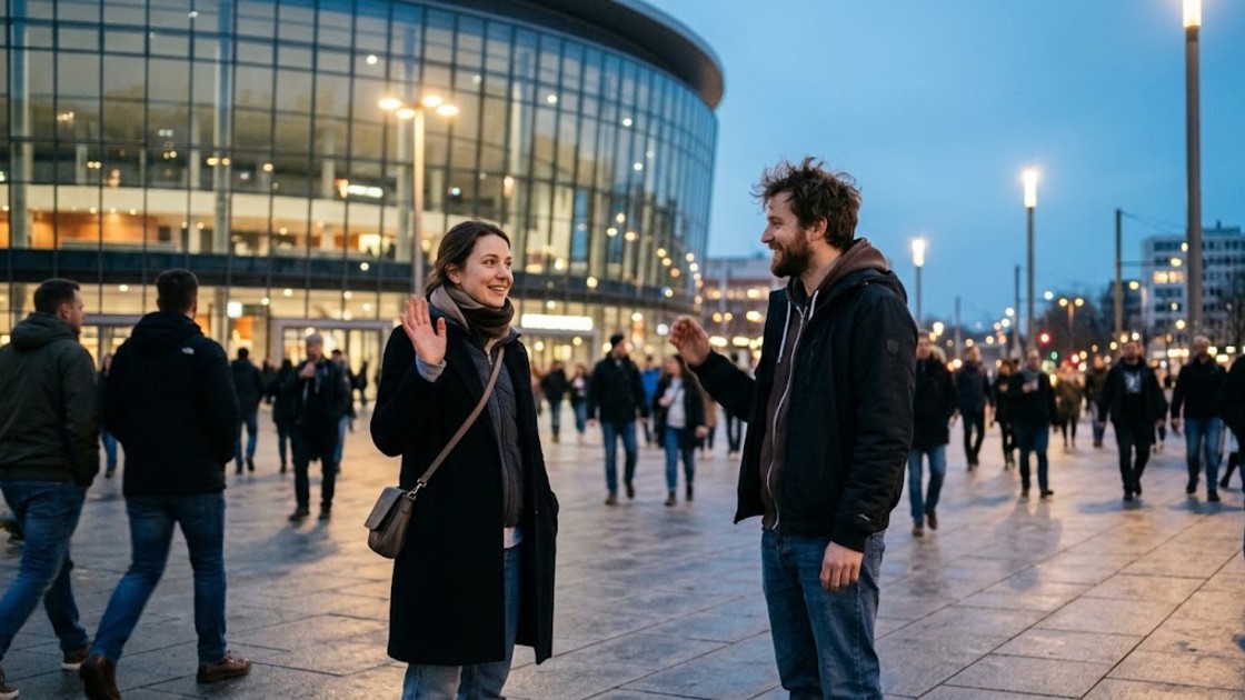 Two people waving hello as they meet outside a large concert arena in Berlin at dusk.