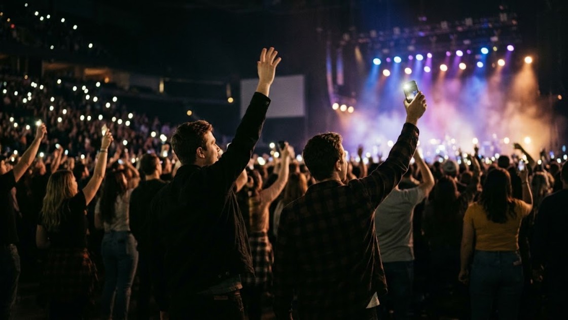 Two friends with their arms raised in the crowd at an indoor arena concert, surrounded by phone lights.