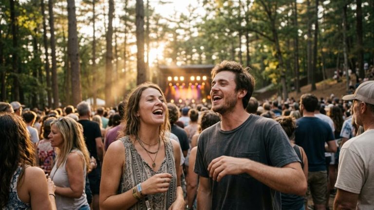 Concerts in Berlin 2027: two friends laughing and singing in the crowd at an open-air concert in a wooded amphitheatre at sunset.