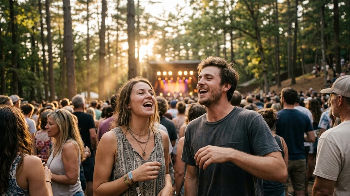 Concerts in Berlin 2027: two friends laughing and singing in the crowd at an open-air concert in a wooded amphitheatre at sunset.
