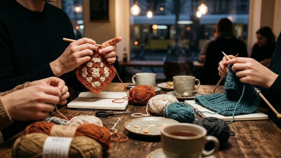Hands working on a rust-and-cream granny square and a teal knitted scarf on a café table, with yarn balls and mugs of tea.