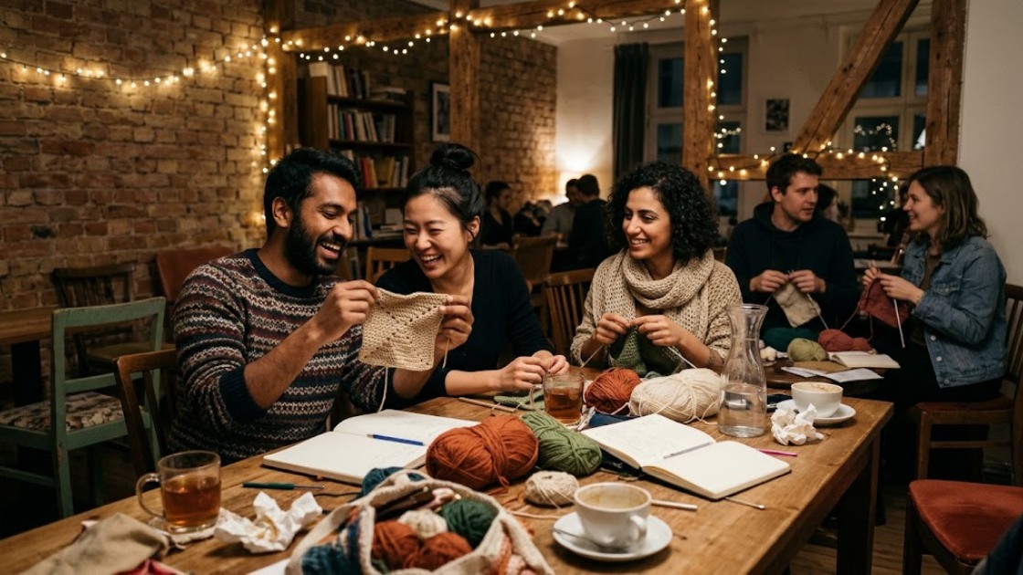 Five people at a knit-and-crochet night in a Berlin café back room, two laughing at a lopsided crocheted square.