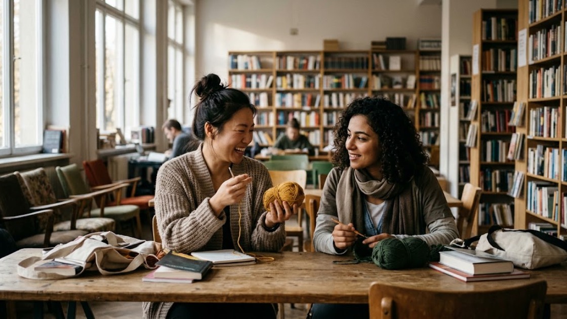 Crochet in Berlin: two women start a crochet session at a long wooden table in a public library, one laughing as she holds up a ball of yellow yarn.