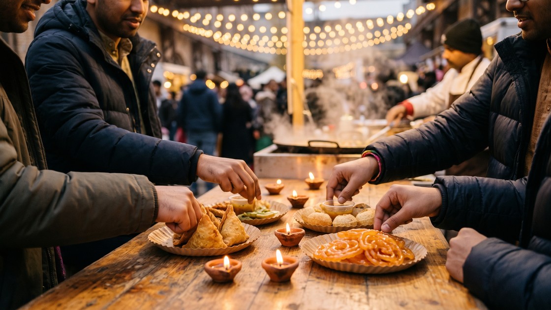 Friends reaching for samosas and jalebi beside lit diyas at a Diwali street-food stall in Berlin