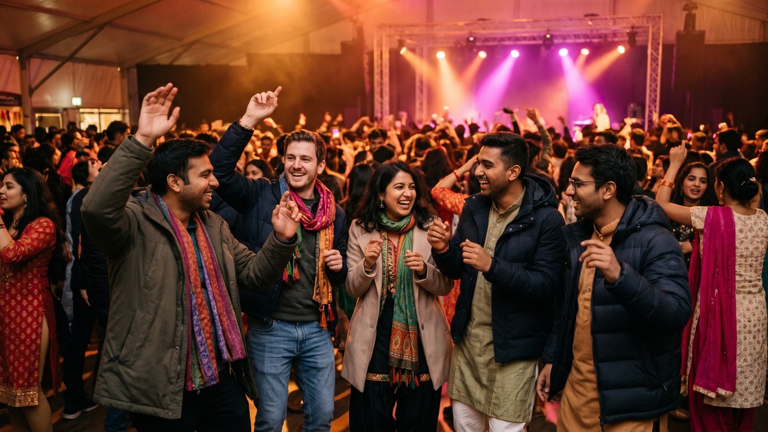 A mixed group of friends dancing at a Bollywood night in a covered Berlin event hall
