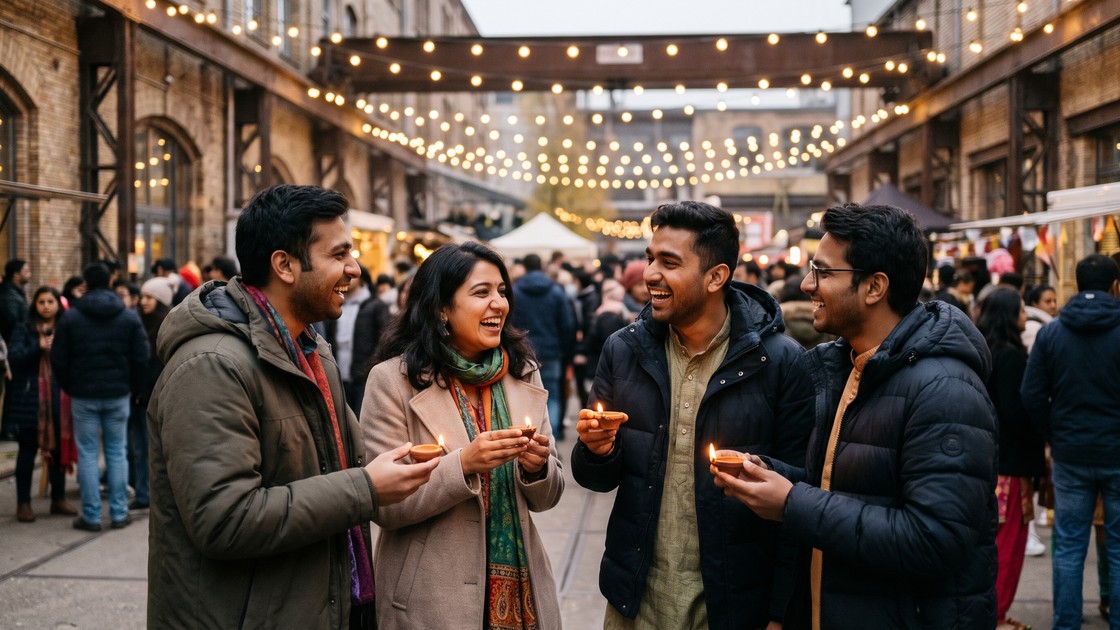 Diwali in Berlin: four friends laughing and holding small lit clay diya lamps at an evening festival under string lights