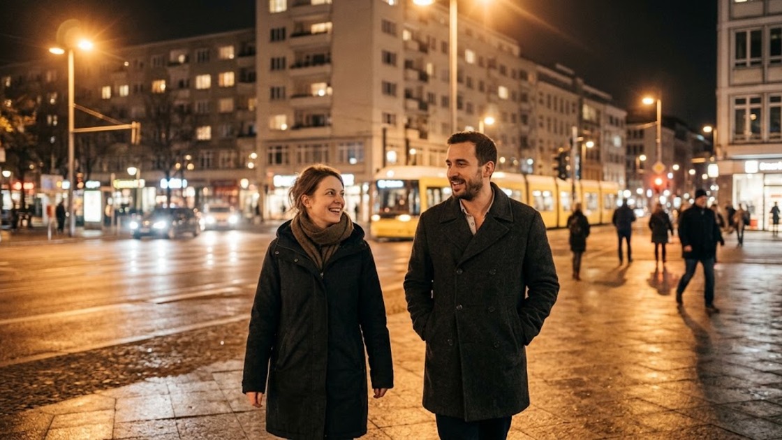 Two friends in winter coats walking along a Berlin street at night after a show