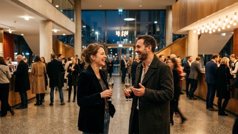 Friedrichstadt-Palast Berlin night out: two friends laughing over sparkling wine in a theatre foyer at the interval