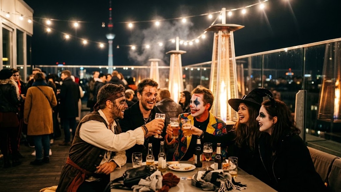 Friends in Halloween costumes and face paint toast on a heated rooftop terrace in Berlin at night