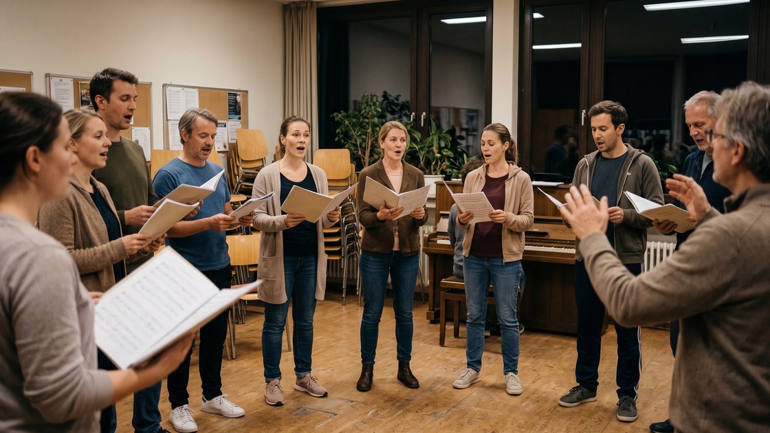An amateur choir rehearses in a semicircle in a Berlin community room on a weekday evening
