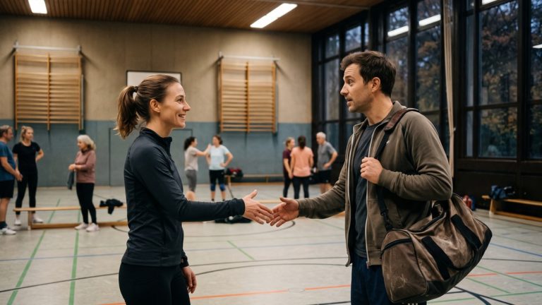 How to make friends in Germany: two adults shake hands at their first sports club training session in a Berlin gym hall