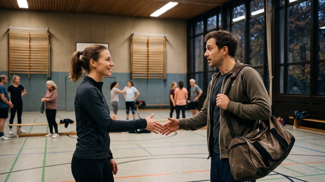 How to make friends in Germany: two adults shake hands at their first sports club training session in a Berlin gym hall