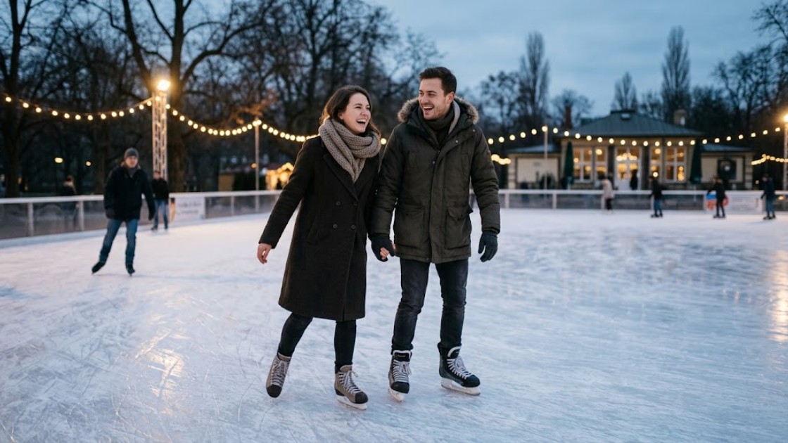 Two friends gliding side by side on an outdoor ice rink at dusk