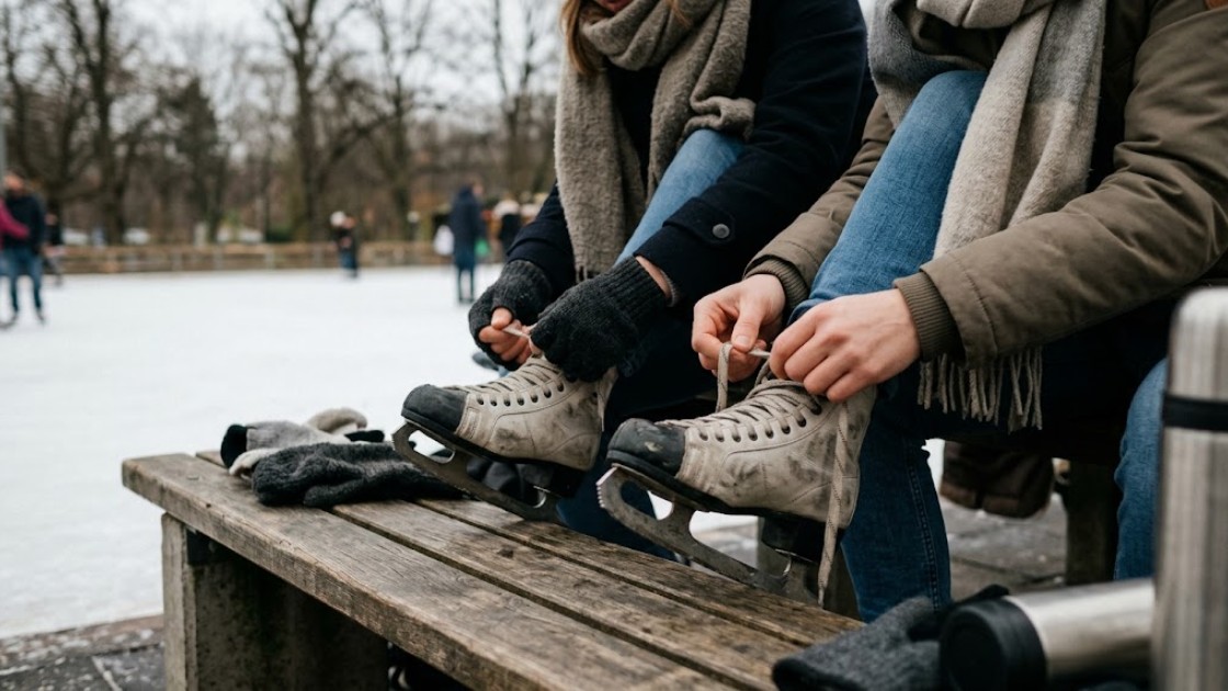 Two people lacing up rental ice skates on a wooden bench beside a rink