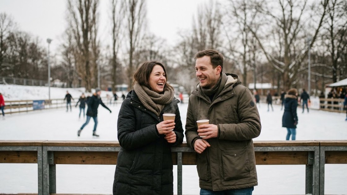 Two friends laughing at the barrier of an ice rink with hot drinks