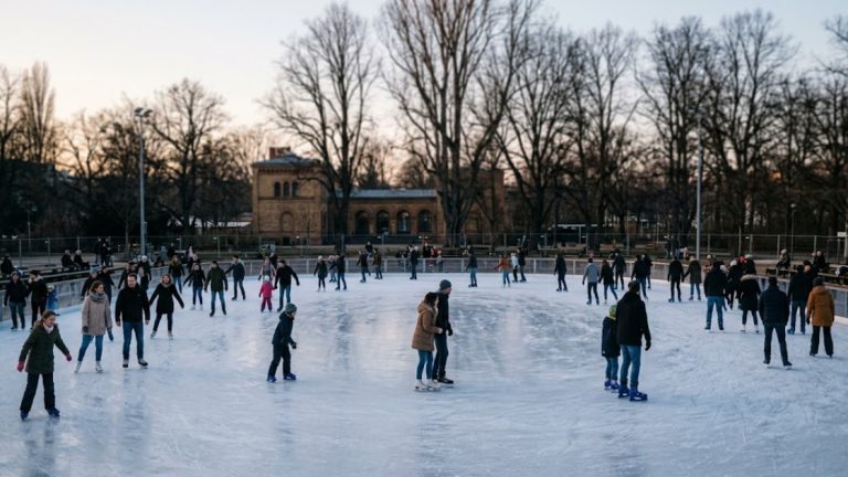 Ice skating in Berlin: skaters on a busy outdoor rink at dusk