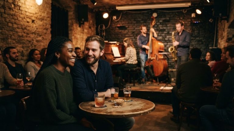 Jazz clubs in Berlin: two friends laughing at a small table while a trio plays in a brick-walled basement club
