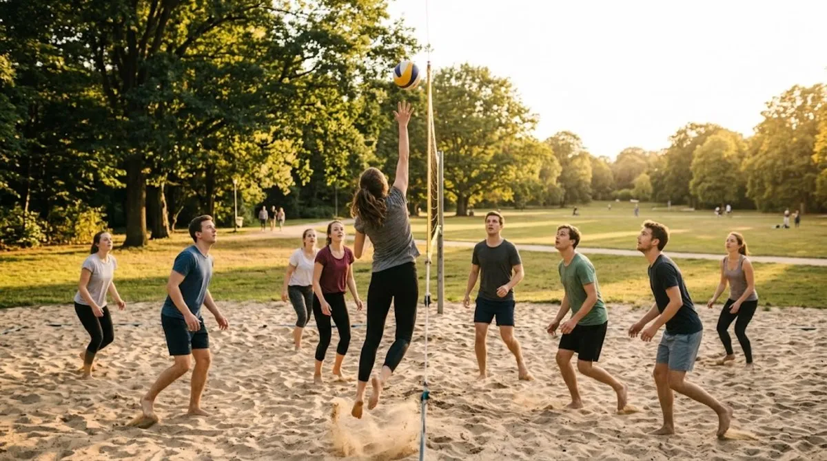 A group playing volleyball in a Berlin park at golden hour