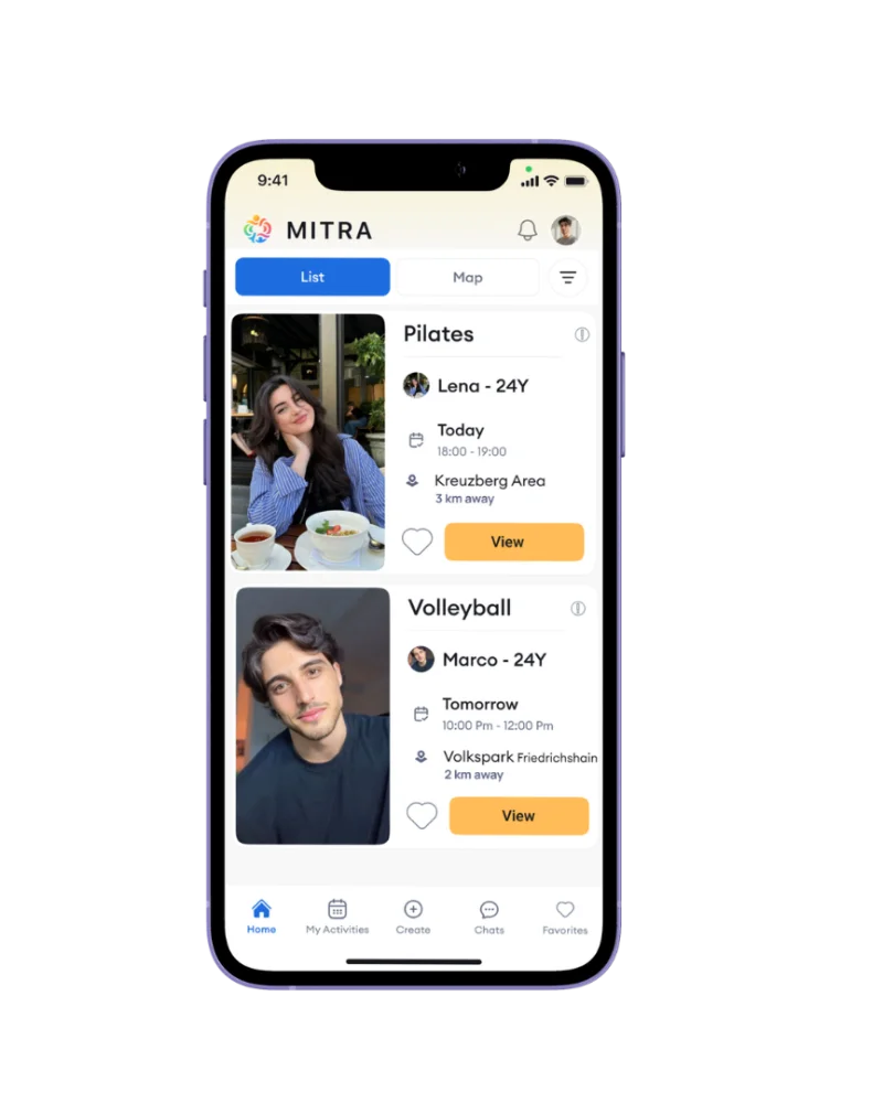 Mitra home — activity list near you