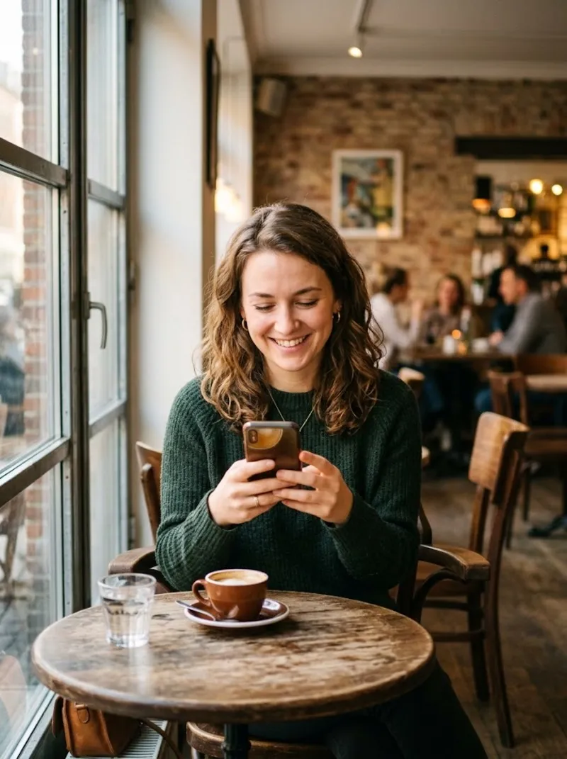 A woman checking activity requests on her phone in a Berlin cafe