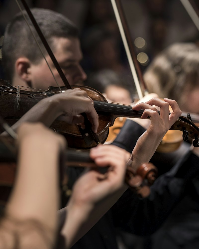 Violinists playing in warm, dim light