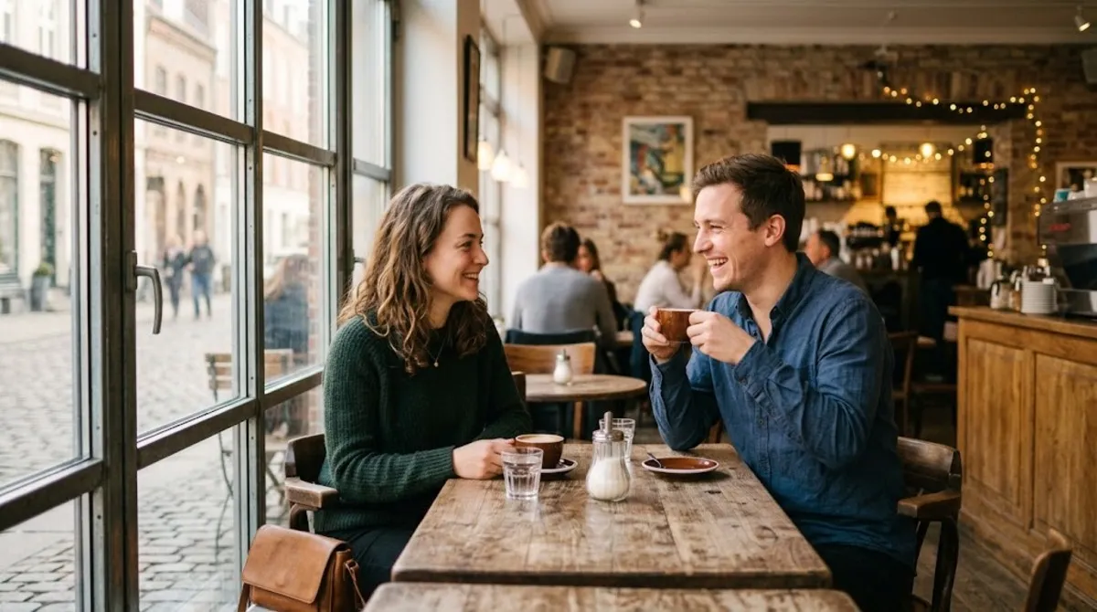 Two people talking over coffee at a cafe table in Berlin
