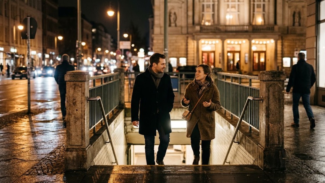 Two people come up the stairs of a U-Bahn station on their way to a theatre at night