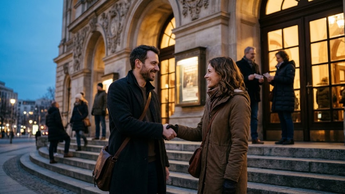 Musicals in Berlin: two people greet each other on the steps of a theatre before an evening show
