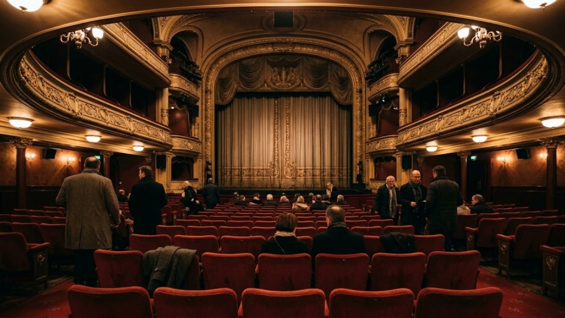 Rows of red velvet seats and an ornate balcony in a variety theatre before a New Year show