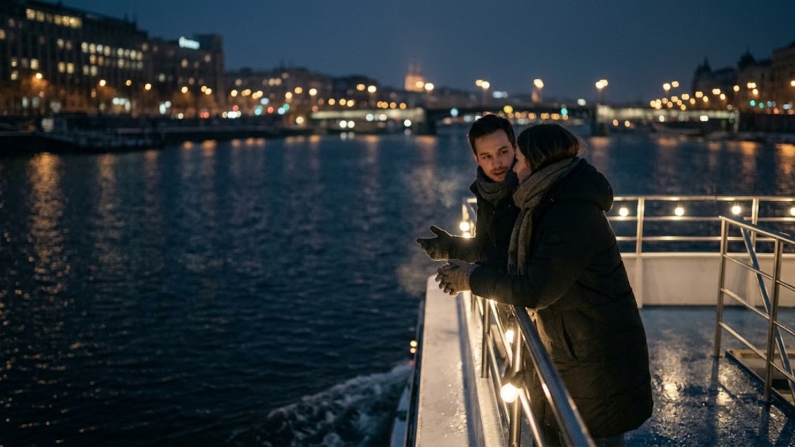 Two friends in winter coats talking at the rail of a river boat on a cold night
