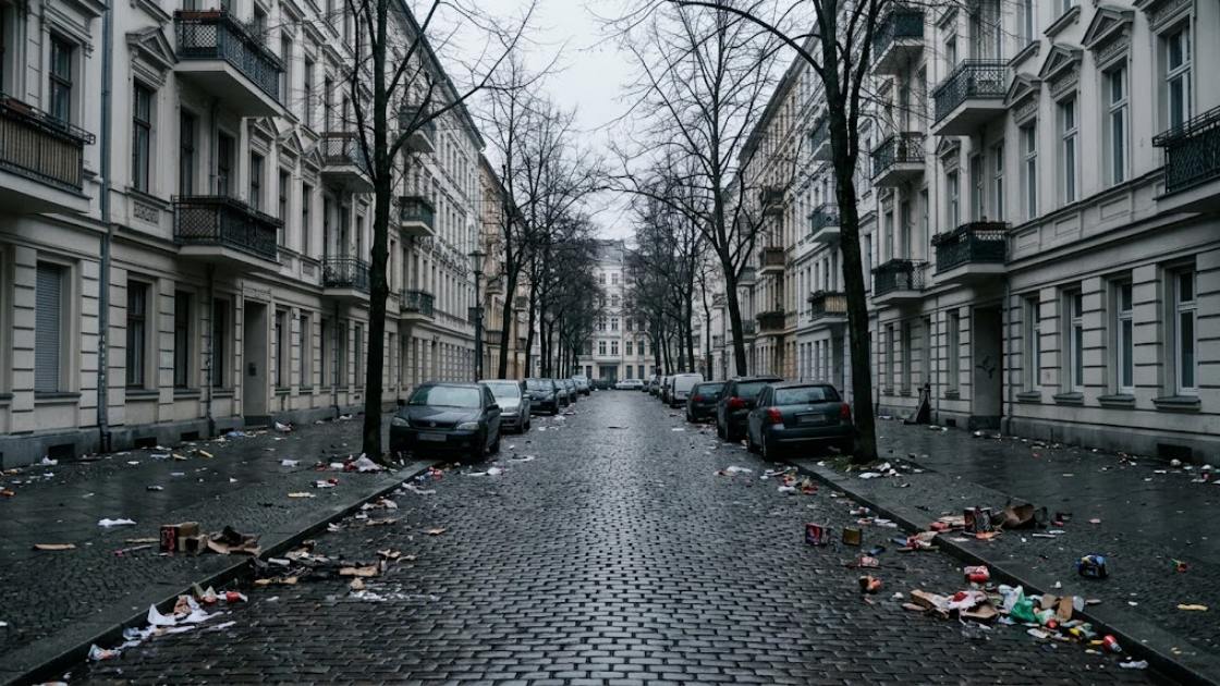 An empty city side street on New Year’s morning, wet cobbles scattered with spent firework debris