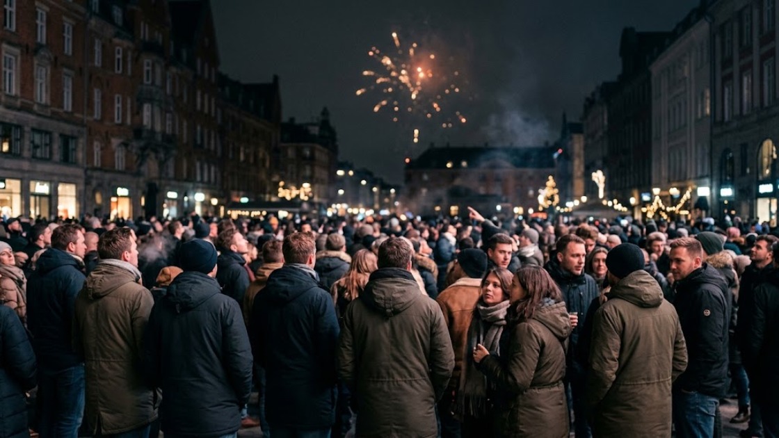 New Year's Eve in Berlin: a crowd in winter coats on a city street at night watching fireworks overhead
