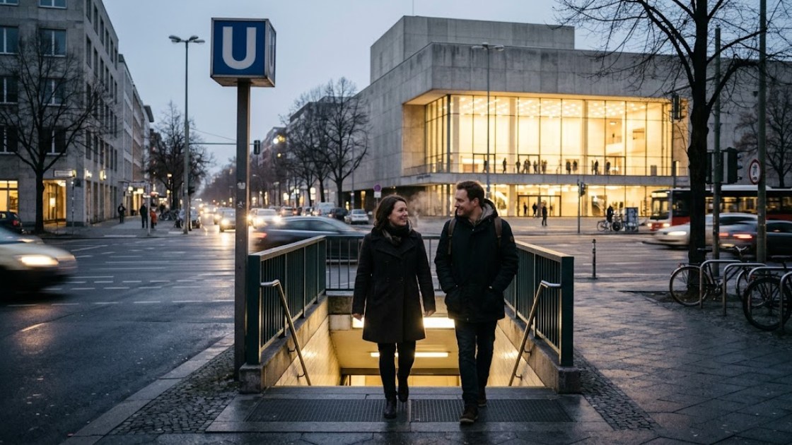 Two people leave a U-Bahn exit on a Berlin boulevard at dusk on the way to the opera