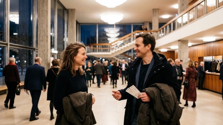 Nutcracker Berlin: two friends meet in an opera house foyer before the ballet, one holding the tickets