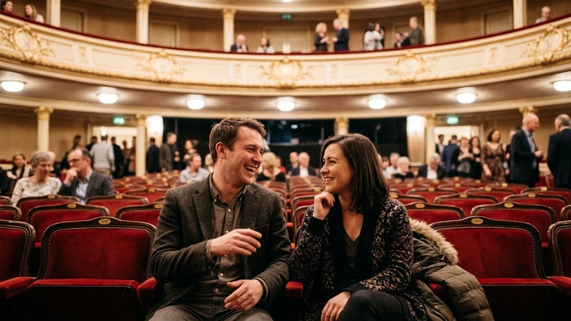 Two people talk in red velvet seats during the interval at an opera house
