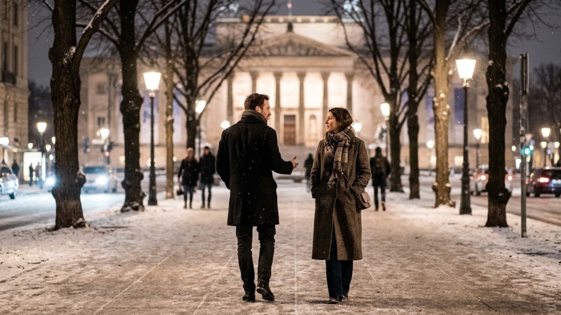 Two people walk along a snowy Berlin boulevard toward an opera house on a December evening