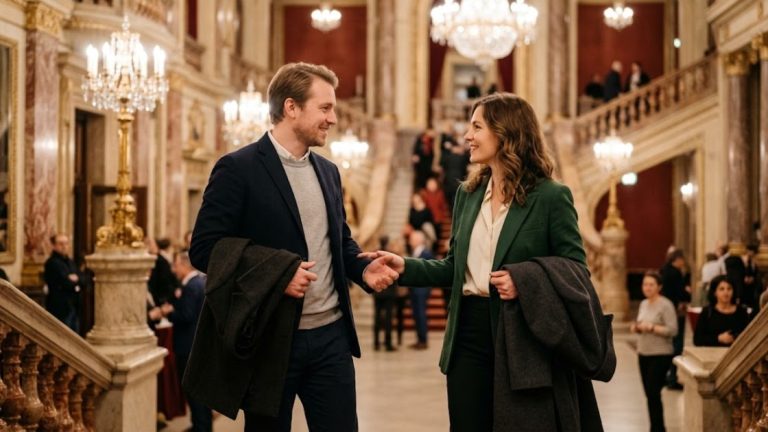 Opera in Berlin: two friends meet in the foyer of an opera house before a winter performance