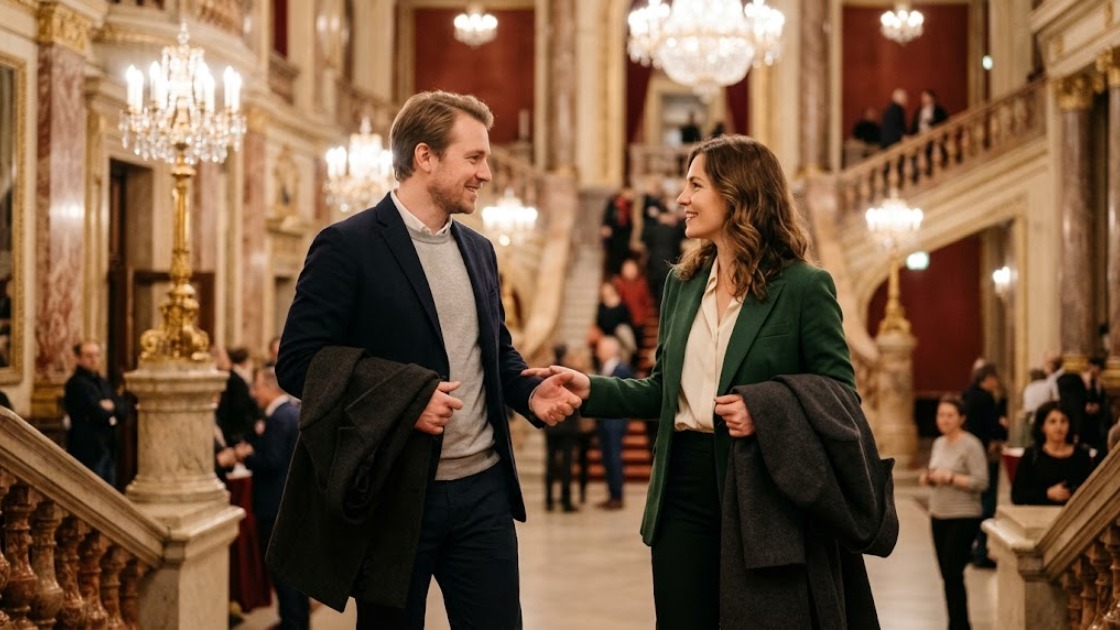 Opera in Berlin: two friends meet in the foyer of an opera house before a winter performance