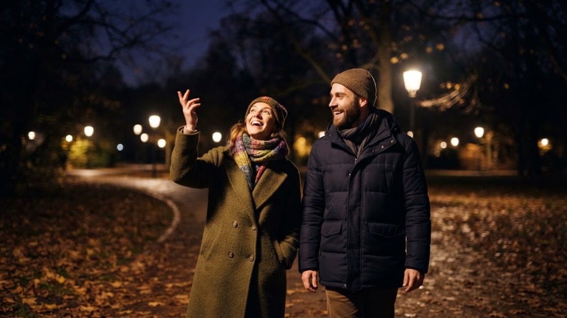 Two friends in coats and scarves walk through a Berlin park at night in autumn, laughing under the street lamps