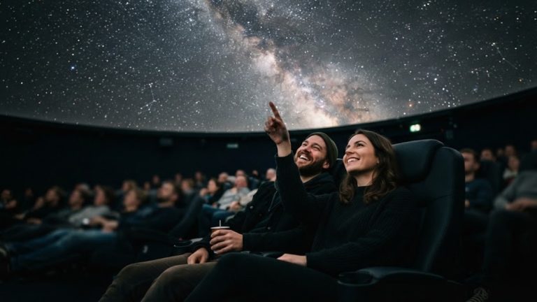 Planetarium Berlin evening: two friends in reclined seats look up and point at a projected Milky Way across a large dome