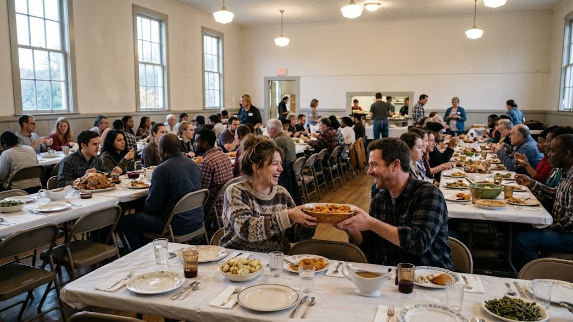 Guests passing dishes at a long-table community Thanksgiving dinner in a bright hall