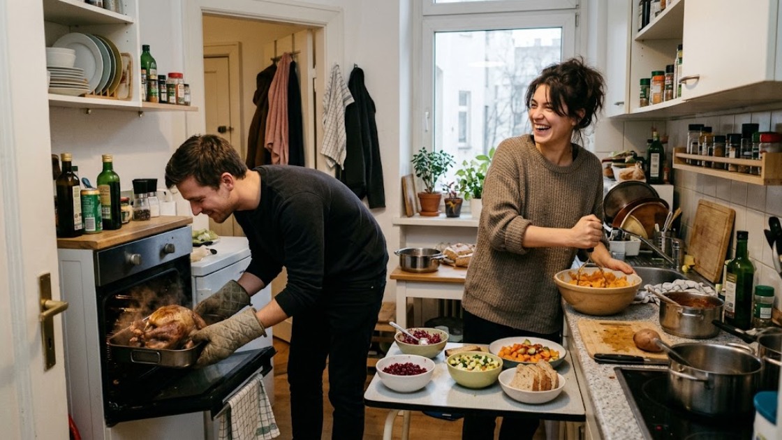 Two friends cooking a Friendsgiving turkey and sweet potatoes in a small Berlin kitchen