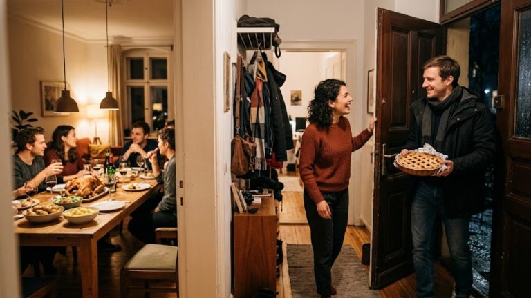 Thanksgiving in Berlin: a friend arrives with a homemade pie at an apartment Thanksgiving dinner
